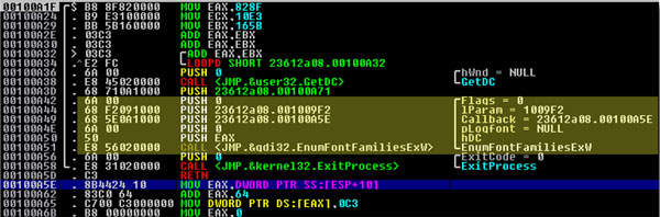 Snapshot showing call to EnumFontFamiliesExW.