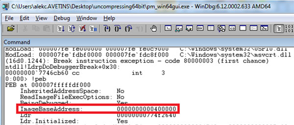 Using the ‘!peb’ command to find the ImageBaseAddress value.