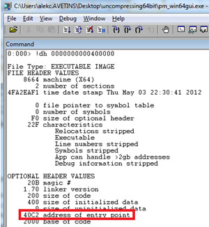 Finding the entry point address with the ‘!dh’ command.