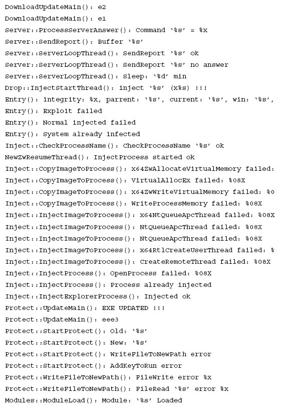 Excerpt of output debug strings found in the sample.