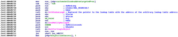 Routine that triggers the loader code using a similar approach to the Windows shatter attack.