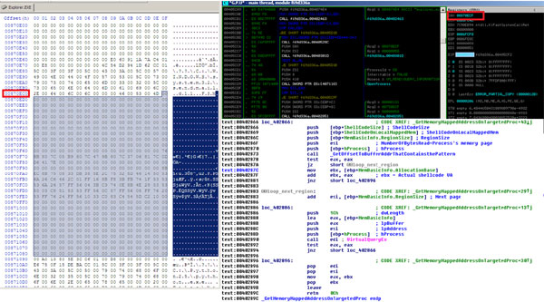 The same loader code can be found in explorer.exe shared memory and in the malware’s mapped view.