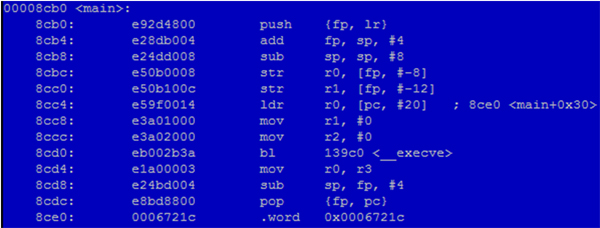 main() function disassembly with execve() call.