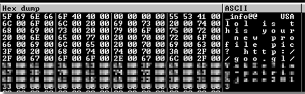 Unicode strings of the spam message found in the malware’s memory.