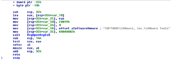 Malware using the RegOpenKeyExA() function to check for the presence of VMware.