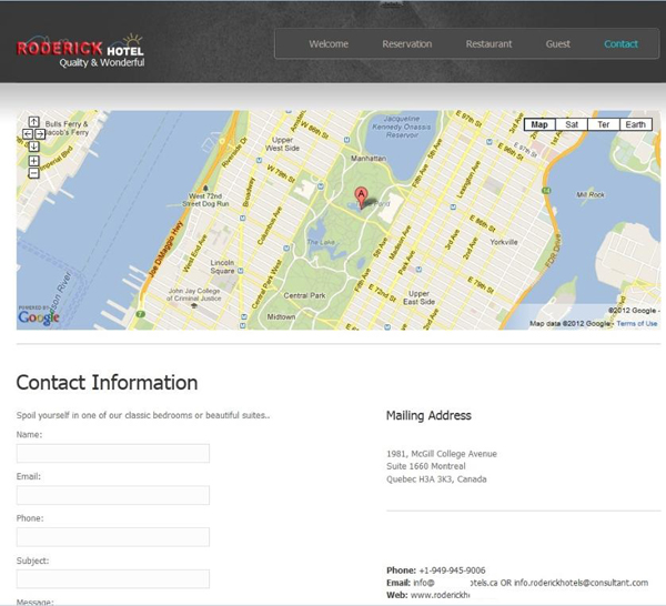 Fake hotel site: the address given for the hotel was in Montréal, Canada, the map shows Central Park in New York, and the phone number is a US number.