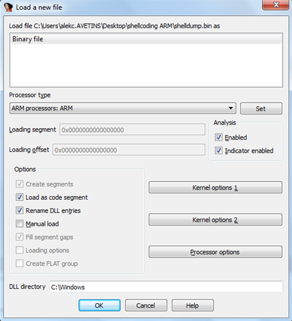 Loading dump of the shellcode into IDA (note the ‘Processor type’ setting).