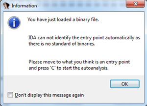 IDA can’t automatically identify the entry point in our binary file.