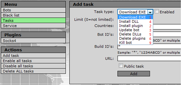 Snapshot from the web panel of the Andromeda C&C server showing the various Cmd types (‘Task type’).