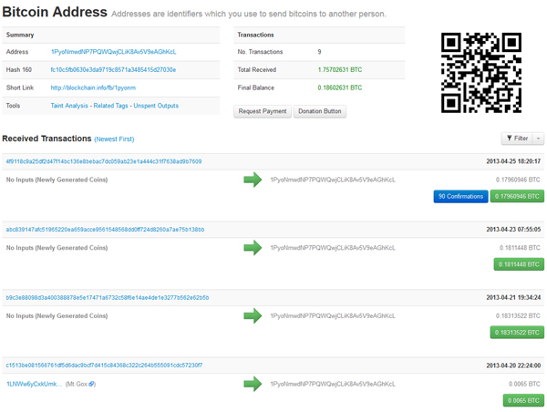 Transaction history of PyoNmwdNP7PQWQwjCLiK8Av5V9eAGhKcL from blockchain.info.