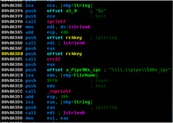 The pipe name is in the following format: [Hex value of CRC32]_ipc.