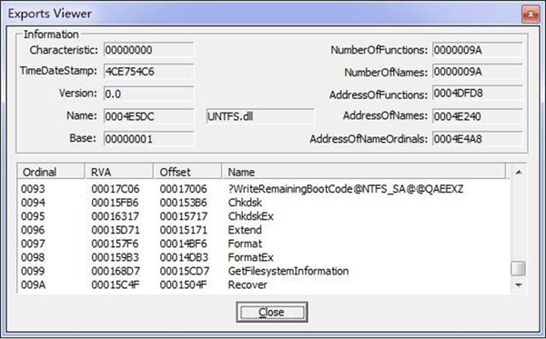 The largest ordinal is 0x9A in system module untfs.dll in Windows 7.