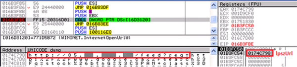 Redirection with InternetOpenUrlW while searching for the keyword ‘stock’ in Google. Notice that there is an IP prepended to the normal Google search URL.