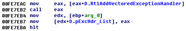 A VectoredExceptionHandler callback function is installed.