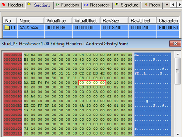 Napolar anti-reversing trick: spooky section name and 0 entry point.