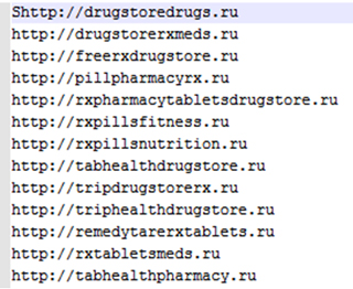 A list of URLs in a configuration for spam email.