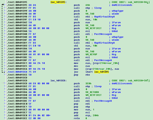 Simulates the Tab key (several times) and the Enter key.