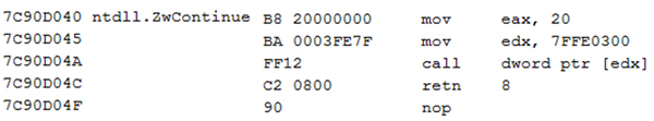 Original code of ZwContinue.