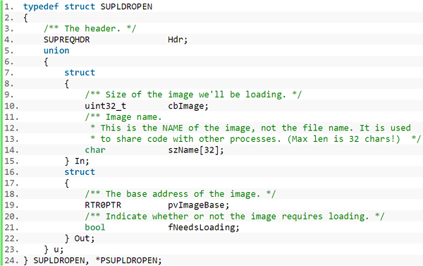 The SUPLDROPEN structure stores VM image data.