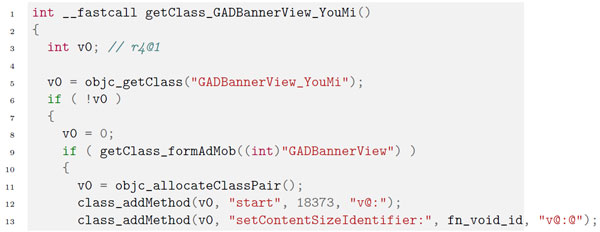 Decompiled code of function getClass GADBannerView YouMi().