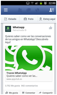 Facebook ‘suggested post’ advertising a tool for WhatsApp that allows the user to spy on their con-tacts’ conversations.