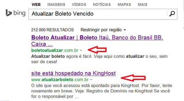 Two malicious websites appear in the results of a Bing search.