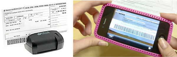 Paying a boleto using a barcode scanner.