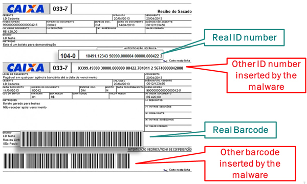 A boleto modified by a Brazilian trojan: the new ID number and barcode redirect the payment to the fraudster’s account.