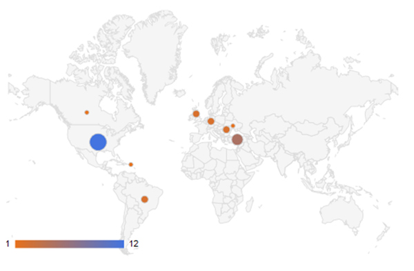 Location of active Caphaw C&C servers in May 2014.