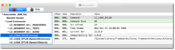 Dumping Calculator.app’s load commands with MachOView.