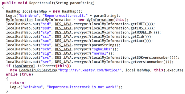 Android/JSmsHider.A DES encrypts traffic to C&C.