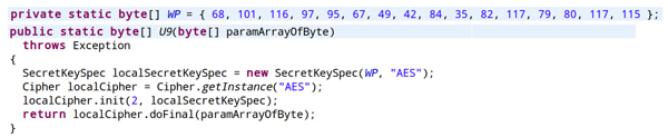 AES decryption routine in Android/KungFu.E. The byte array WP contains the hard-coded key.