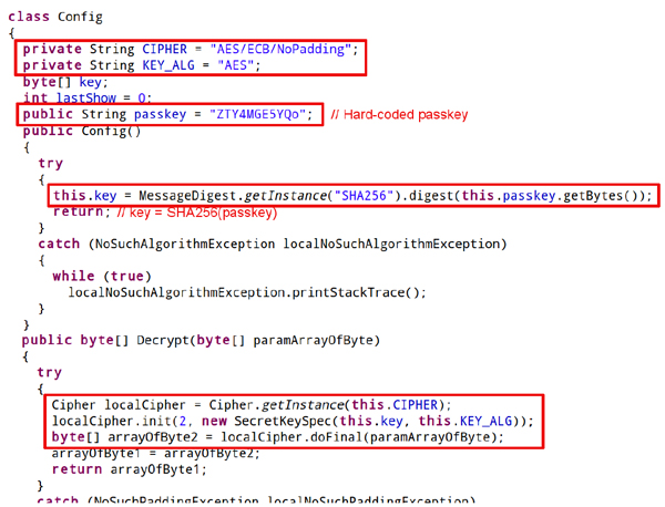 AES decryption using a key obtained from the SHA256 hash of a hard-coded string in Android/NotCompatible.