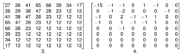 The coefficients are divided with a quality factor dependent quantization matrix (3); rounding of the results leads to the dropping of certain high-frequency components of the image (4).