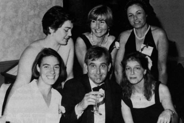 After-dinner speaker and associates half-way into disassembling the notorious two-byte virus. Back row (left to right): Petra Duffield (Virus Bulletin), Karen Richardson (Sophos), Wing Commander Amanda Butcher (Ministry of Defence, UK). Front row: Lynne Whitehead (Oxford University), Squadron Leader Martin Smith (Touche Ross), Julie Hollins (WH Smith News).