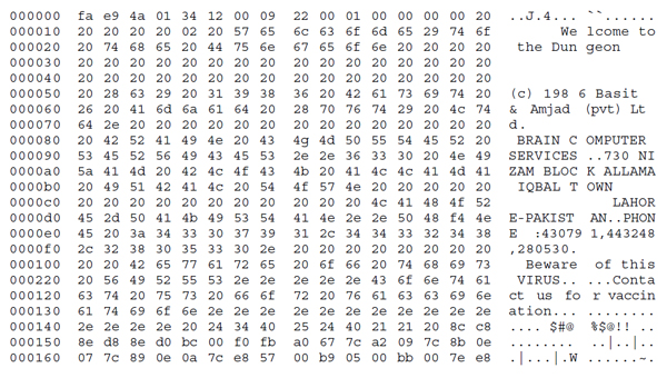 The Brain virus was first reported after infecting floppy disks at the University of Delaware, USA, in October 1987. It has the distinction as being the first virus to strike world wide outside of a laboratory. It is rare that it is in ‘attributable virus’ - its boot sector contains the Names of its originators along with their address in Pakistan. Today’s virus writers generally choose anonymity.