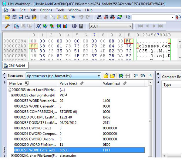 Example of malware exploiting the ‘Extra Field’ vulnerability, showing a changed field.