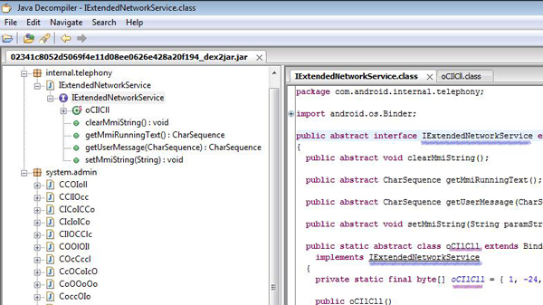 Obad obfuscation, example of decompiled by dex2jar dex code output.