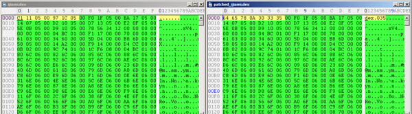 Patch DEX_FILE_MAGIC back into an unpacked Ijiami dex file.